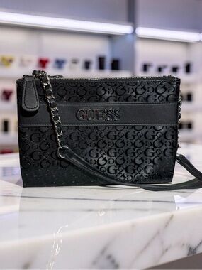 Guess Womens Black 3 Compartment Monogram Crossbody Bag